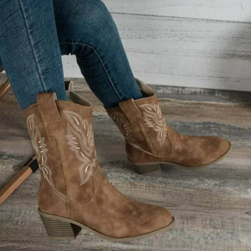 Santiag mi-haute marron clair Daim Synthétique Femme - Broderie florale sur tige mi-haute 3