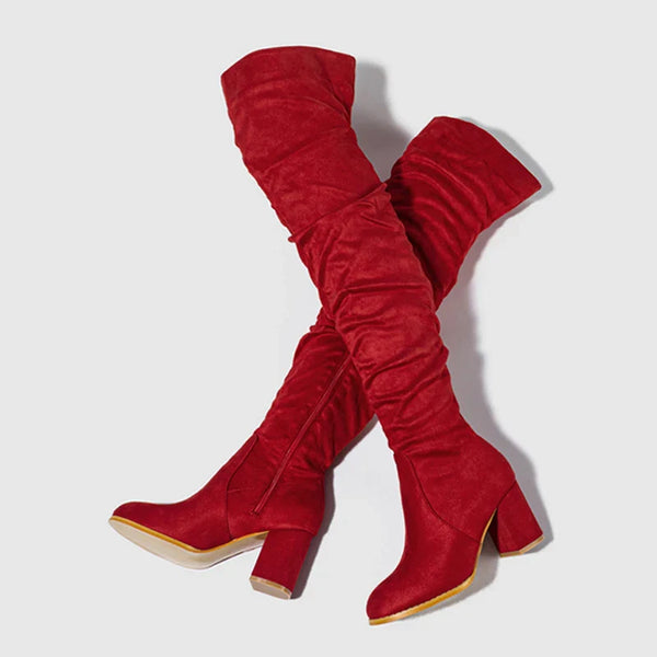 Botte haute rouge Daim Synthétique Femme - Bottes rouges à effet froncé distinctif