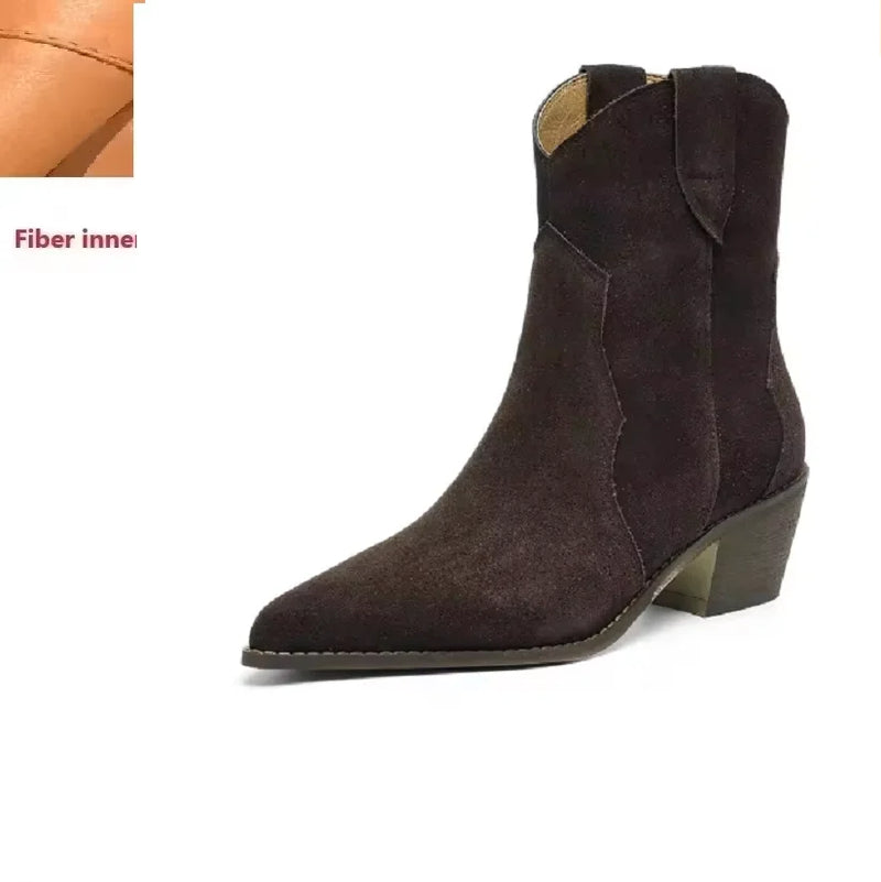 Santiag basse marron foncé Daim Femme - Bout pointu élégant et talon carré