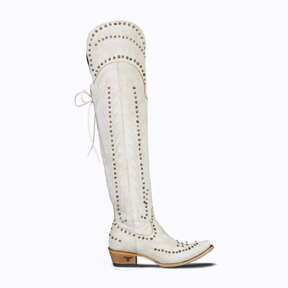 Santiag haute beige PU Femme - Bottes punk avec clous et lacets
