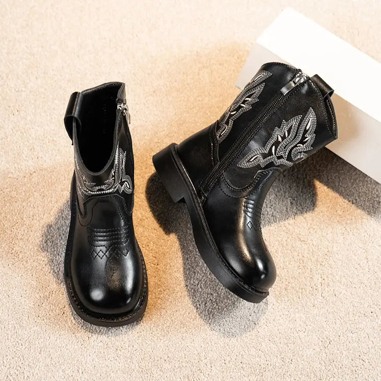 Santiag mi-haute noir Simili Cuir Fille - Broderies western et couture authentique 2