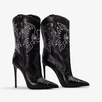 Santiag haute noir Synthétique Femme - Élégantes bottes brodées à talon aiguille 2