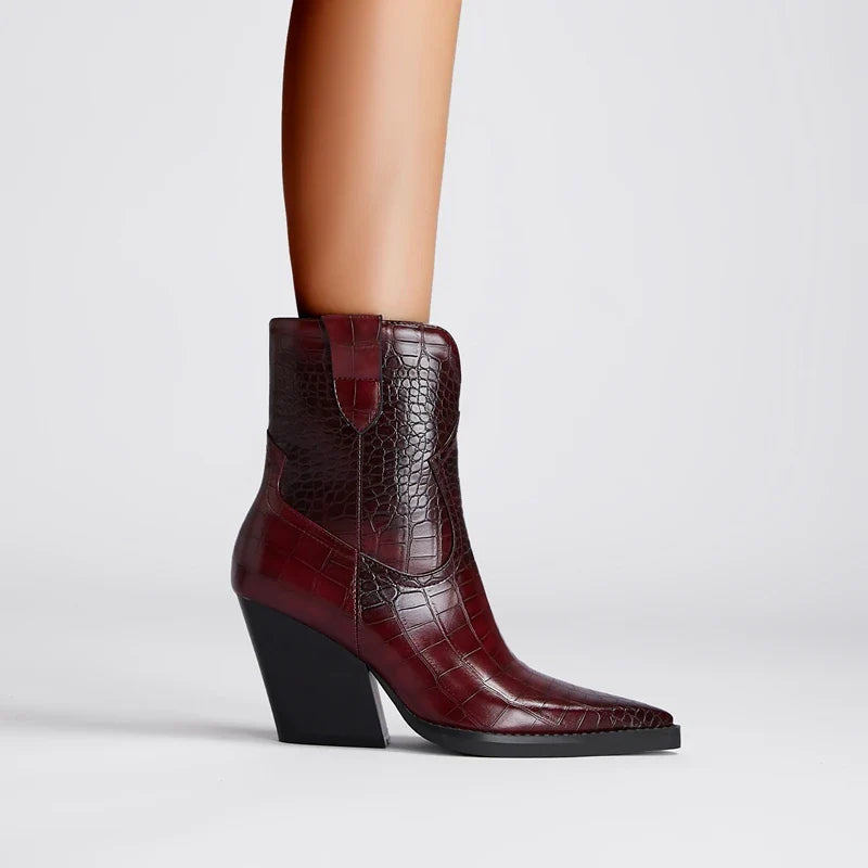Santiag mi-haute marron foncé Synthétique Femme - Bout pointu, texture croco, talon incliné 2