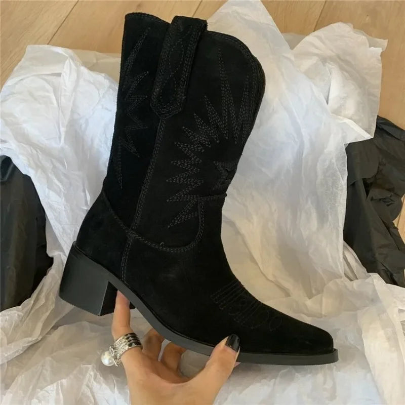 Santiag mi-haute noir Daim Synthétique Femme - Bling-bling avec broderies géométriques élégantes 5