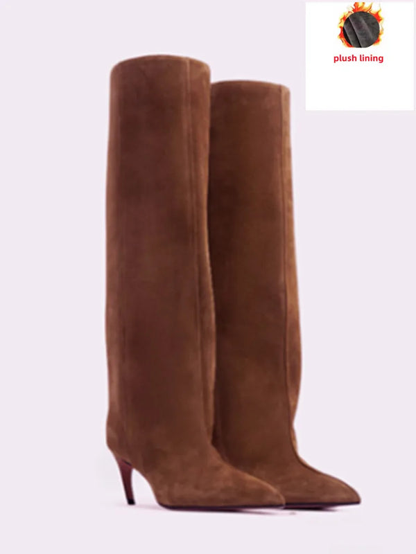 Santiag haute marron Daim Synthétique Femme - Élégantes bottes à talons fins