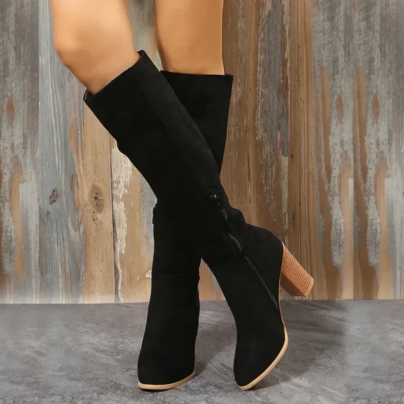Santiag mi-haute noir Daim Synthétique Femme - Talons carrés et fourrure fausse élégante 2