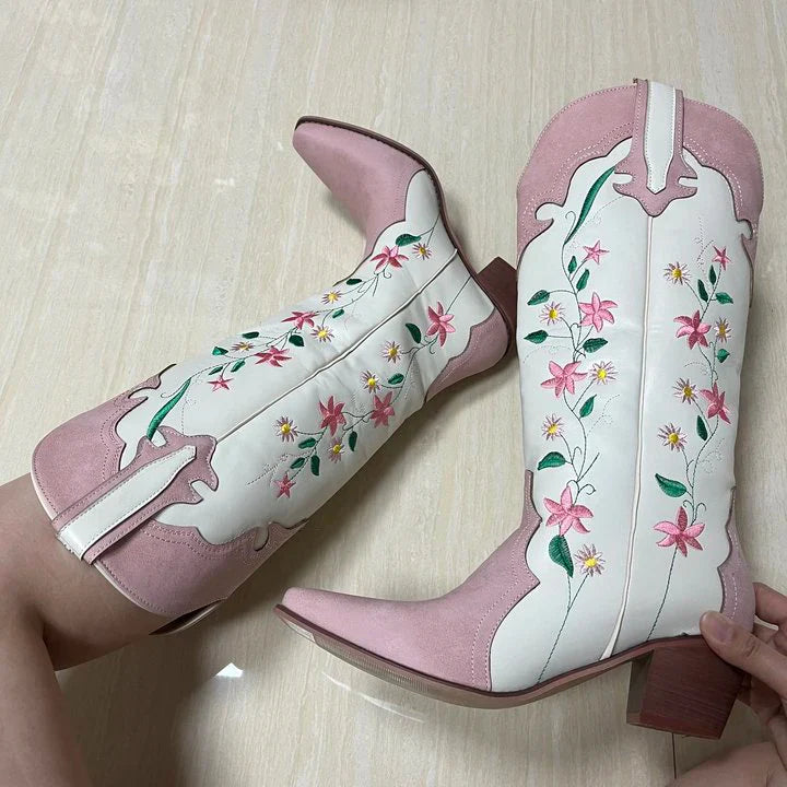 Santiag mi-haute blanc Simili Cuir Femme - Broderies florales vibrantes élégantes 5