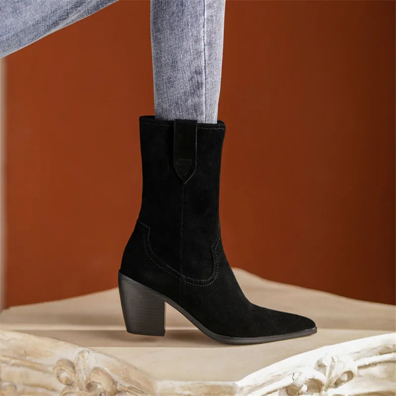 Santiag mi-haute noir Daim Femme - Élégantes bottes à bout pointu cousues 2