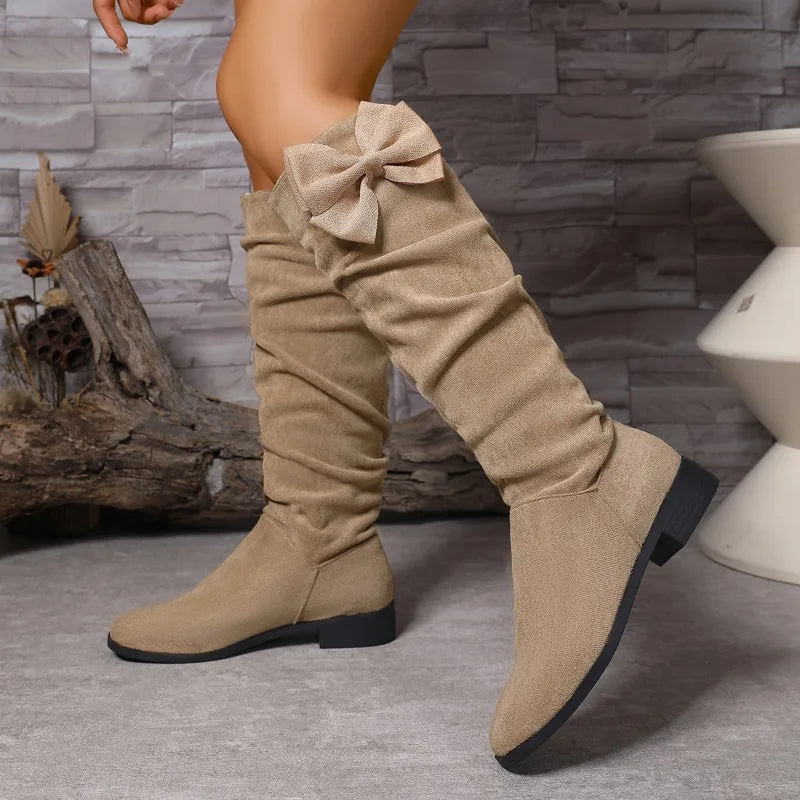 Santiag haute beige Daim Femme - Nœud papillon arrière élégant et féminin 2
