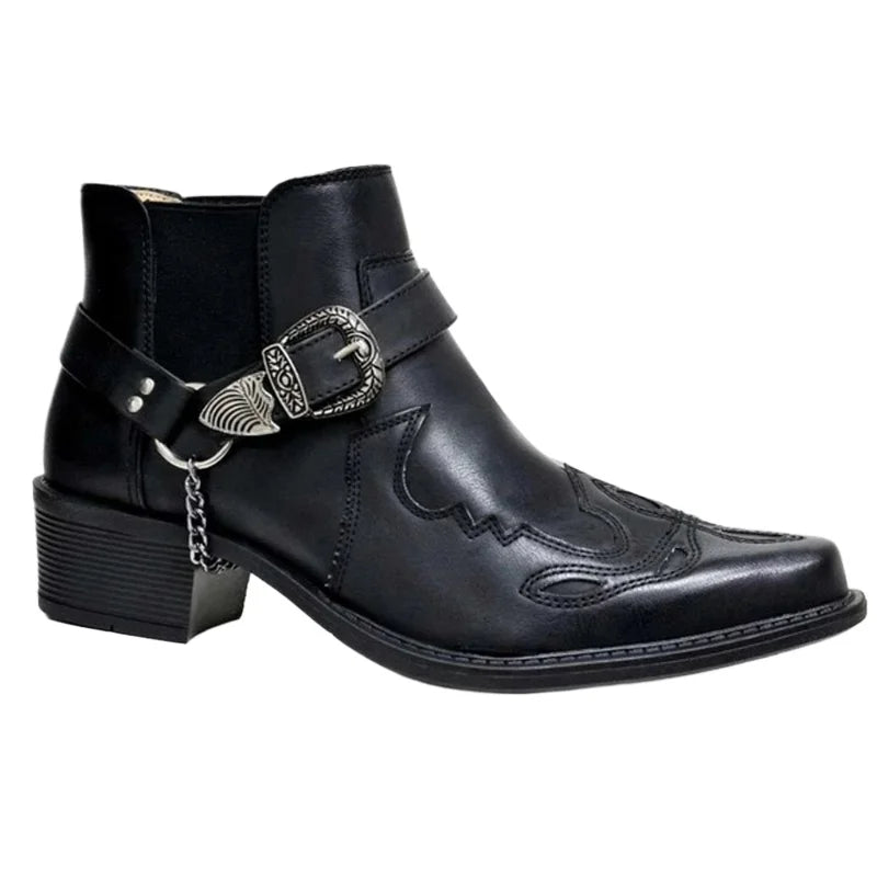 Santiag mi-haute noir Simili Cuir Homme - Bottes brodées avec boucle gravée chic