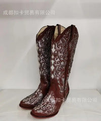 Santiag mi-haute beige Simili Cuir Femme - Broderies florales en bleu clair élégantes 3