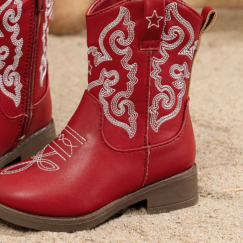 Santiag mi-haute rouge Cuir Fille - Broderies blanches et style western moderne 5