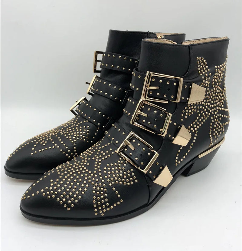 Santiag basse noir Cuir Femme - Bottes noires cloutées à boucles modernes