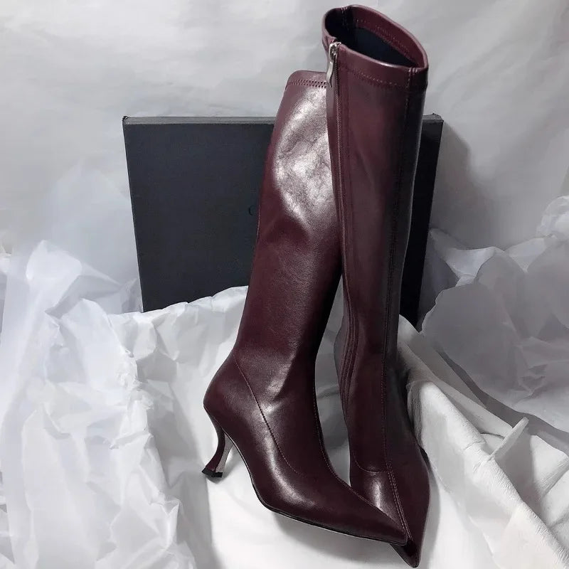 Botte haute marron foncé Simili Cuir Femme - Santiags marron pointues au talon aiguille