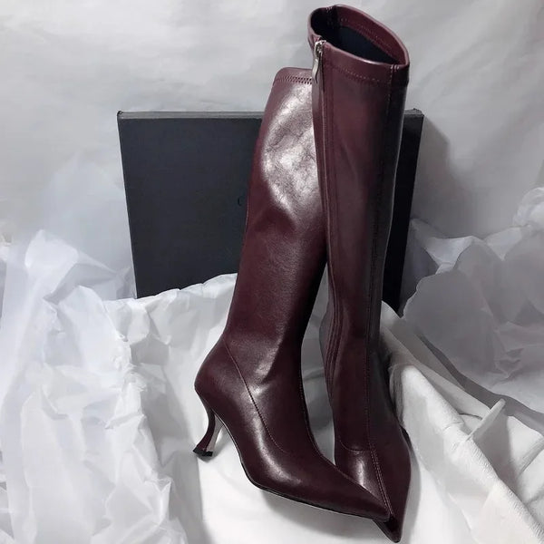 Santiag haute marron foncé Simili Cuir Femme - Élégance sophistiquée avec talon aigu chic