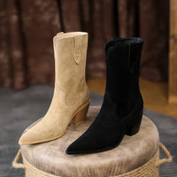 Santiag mi-haute noir Daim Femme - Élégantes bottes à bout pointu cousues 3