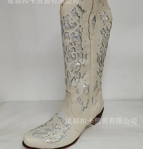 Santiag mi-haute marron Synthétique Femme - Broderies élégantes avec perles nacrées