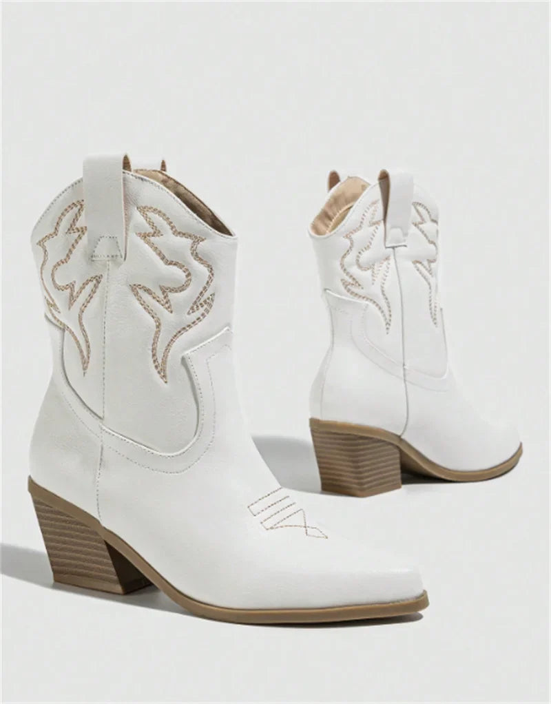 Santiag mi-haute blanc Simili Cuir Femme - Broderies géométriques élégantes et sophistiquées 3