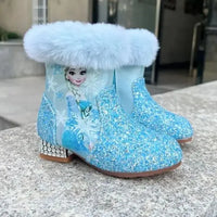 Santiag mi-haute bleu à paillettes Synthétique Enfant - Paillettes bleues et fausse fourrure blanche 1