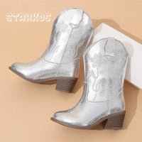 Santiag haute dorée Simili Cuir Fille - Broderies florales sur fond doré métal 4