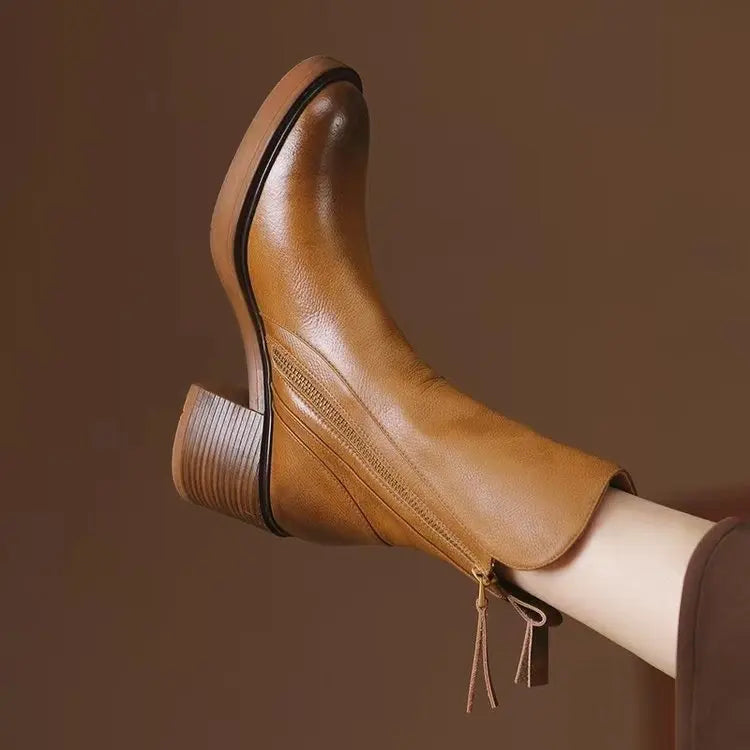 Bottine à talon camel Simili Cuir Femme - Santiag camel, fermeture éclair latérale 2