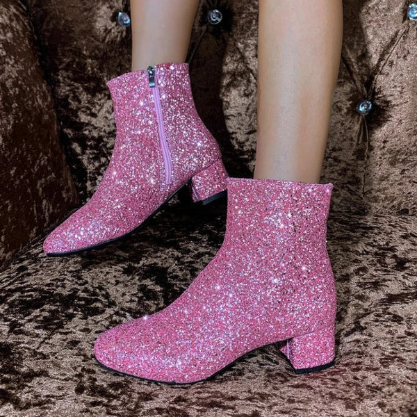 Santiag mi-haute noir à paillettes Simili Cuir Femme - Élégantes bottes noires à paillettes chic
