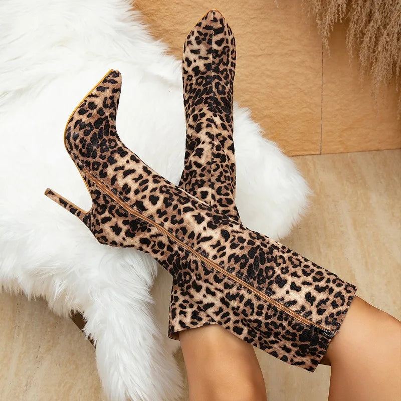 Botte haute marron Simili Cuir Femme - Santiags glamour à motif léopard élégant 4