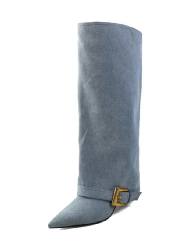 Santiag haute beige Synthétique Femme - Élégante botte à boucle dorée