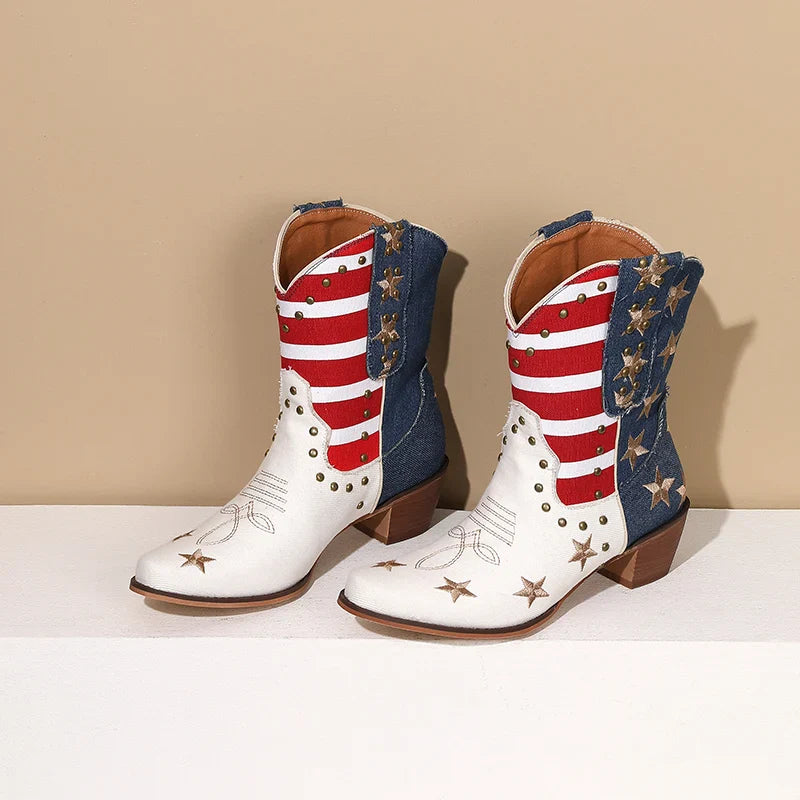 Santiag mi-haute multicolore Synthétique Femme - Motifs étoilés sur fond denim 5