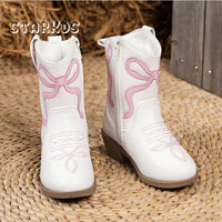 Santiag mi-haute blanc Simili Cuir Fille - Broderies florales et cœur délicat 3