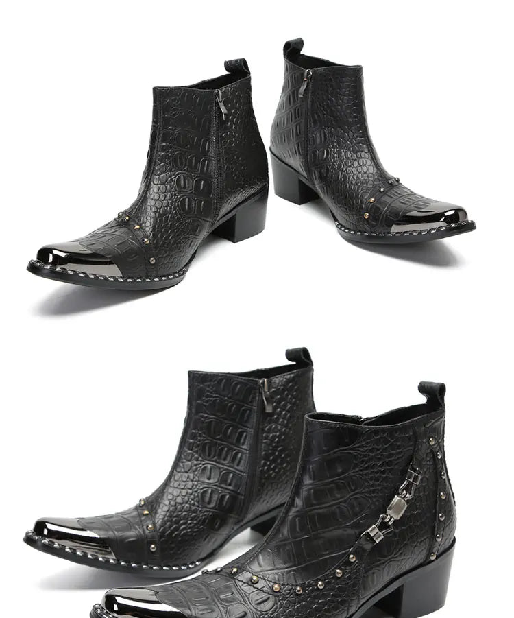 Santiag mi-haute noir Cuir Homme - Bout métallique avec clous et texture croco 7