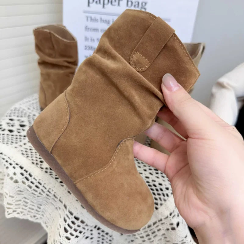 Santiag mi-haute marron clair Daim Synthétique Fille - Style simple avec couture épurée