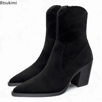 Santiag mi-haute marron Daim Synthétique Femme - Talon cubain épais et bout pointu 1