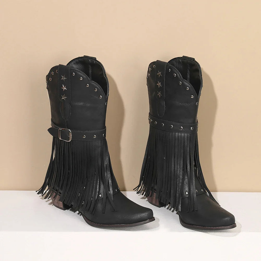 Santiag mi-haute noir Simili Cuir Femme - Franges et étoiles style western original 2