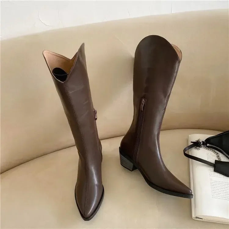 Santiag mi-haute marron Simili Cuir Femme - Bout pointu avec talon carré moderne 3