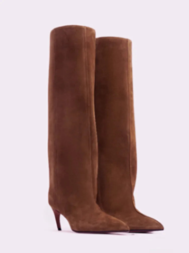 Santiag haute marron Daim Synthétique Femme - Élégantes bottes à talons fins