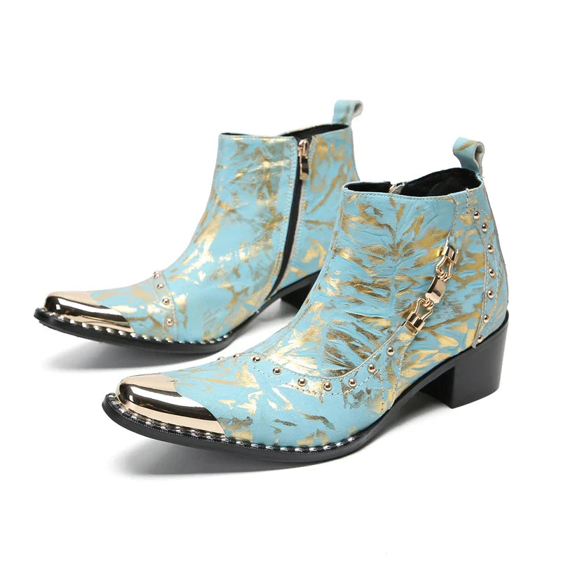 Santiag mi-haute bleu Cuir Homme - Santiags bleues métallisées avec décor doré