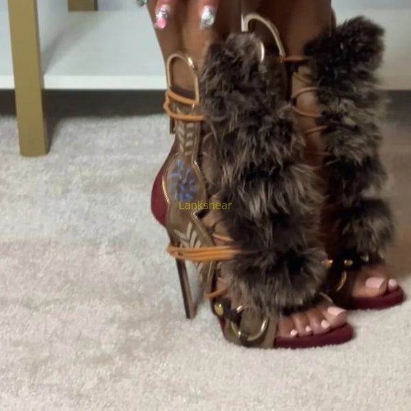 Santiag mi-haute marron Daim Synthétique Femme - Talon haut orné de fourrure élégante