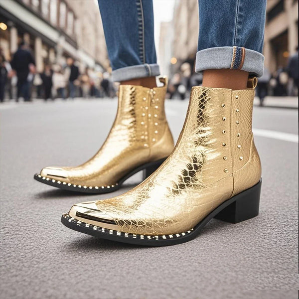 Santiag mi-haute noir Cuir Homme - Bout métallique avec clous et texture croco