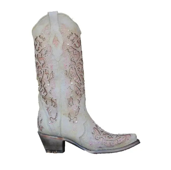 Santiag haute blanc Simili Cuir Femme - Tige brodée avec éclat florale