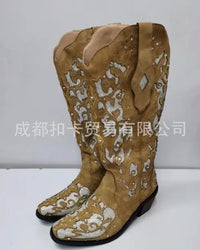 Santiag mi-haute beige Simili Cuir Femme - Broderies florales en bleu clair élégantes 4