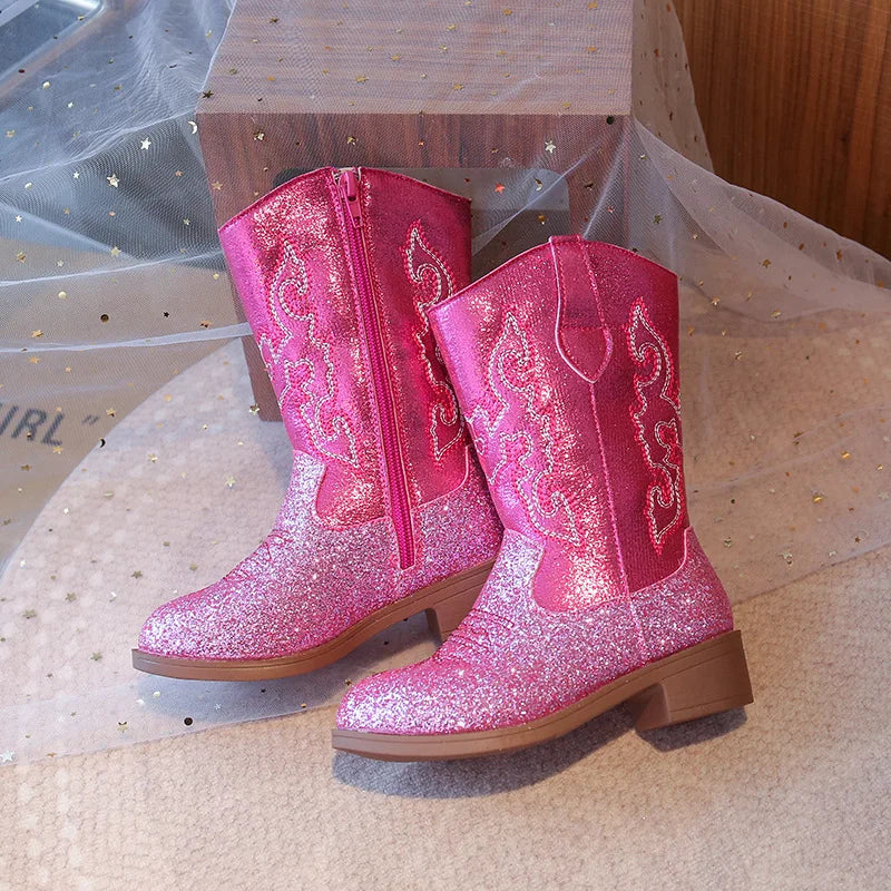 Santiag haute rose à paillettes Synthétique Fille - Rose scintillantes avec broderies élégantes 3