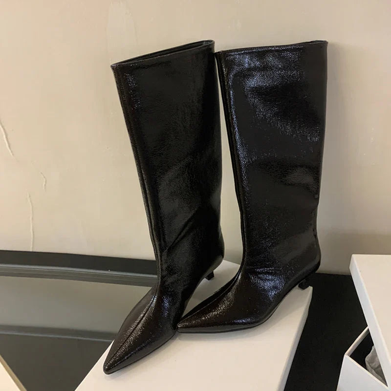 Botte haute noir Simili Cuir Femme - Santiags noires pointues brillantes modernes 2