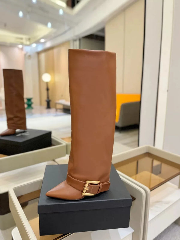 Santiag haute bleu Daim Femme - Élégant bout pointu avec boucle dorée