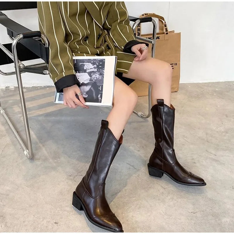 Santiag mi-haute marron foncé Simili Cuir Femme - Style western avec coutures décoratives ondulées 2
