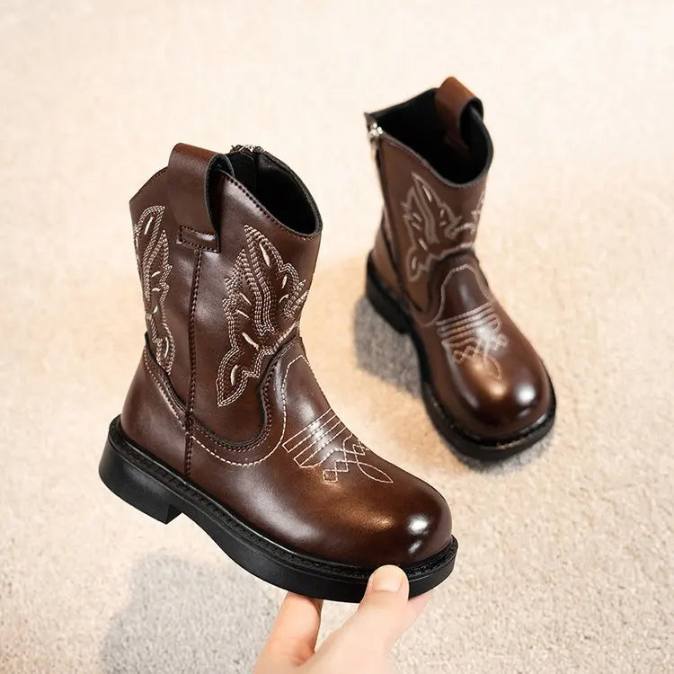 Santiag mi-haute noir Simili Cuir Fille - Broderies western et couture authentique