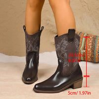 Santiag mi-haute marron Simili Cuir Femme - Broderies western et talons carrés élégants 2