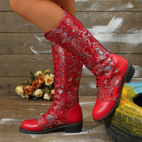 Santiag mi-haute bleu Simili Cuir Femme - Florales artistiques, laçage unique distinctif 1