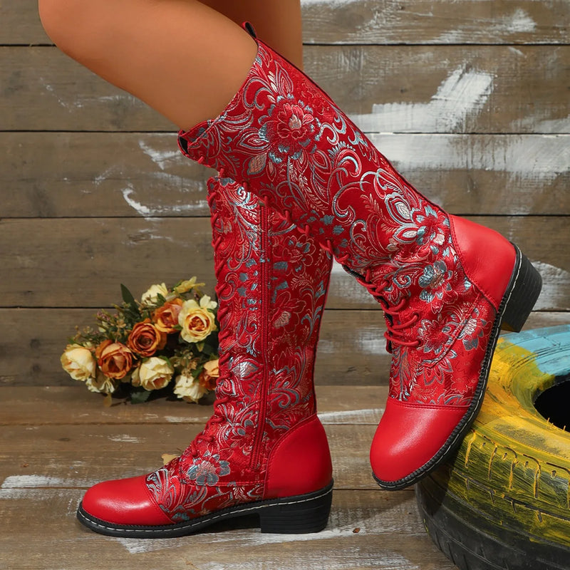 Santiag mi-haute bleu Simili Cuir Femme - Florales artistiques, laçage unique distinctif