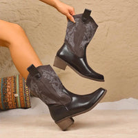 Santiag mi-haute marron Simili Cuir Femme - Broderies western et talons carrés élégants 3